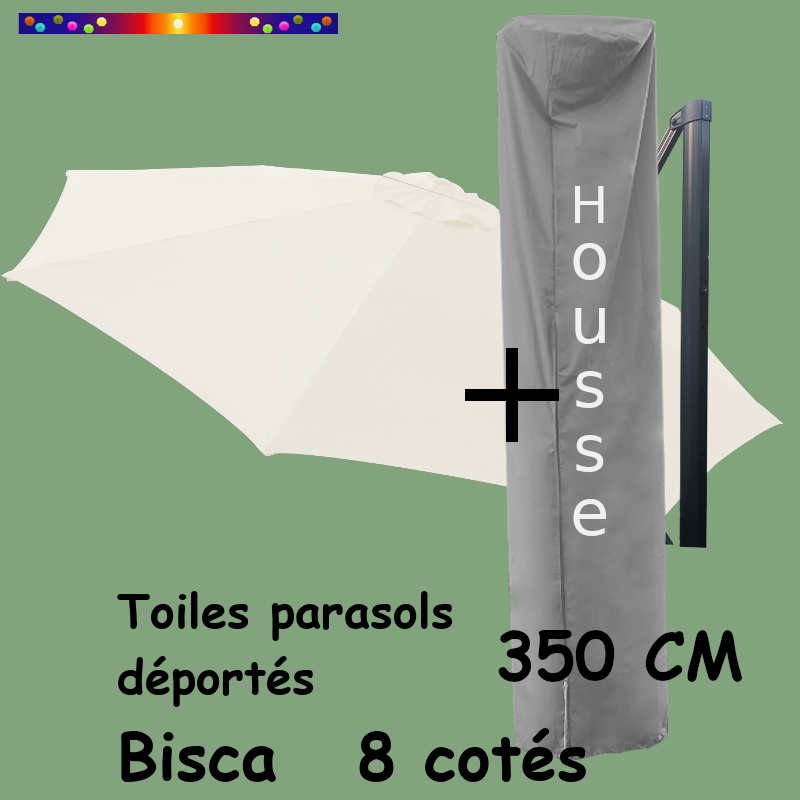[ Pack ] Toile Écru Blanc Cassé 350cm/8cotés pour Parasol Déporté Bisca et sa Housse de protection