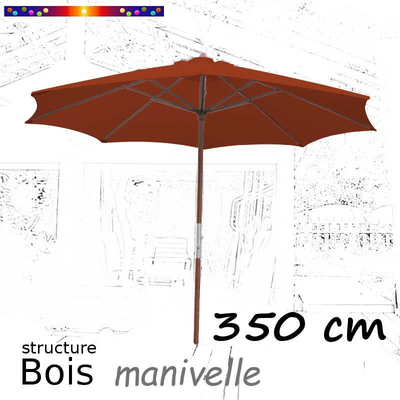 Parasol Lacanau Terracotta 350 cm structure Bois et manœuvre par manivelle : ouvert de face