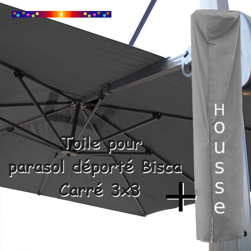 Toile Grise Foncé CARRÉE 3x3 pour Parasol Déporté Bisca + Housse de protection