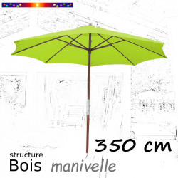 Parasol Lacanau Vert Lime 350 cm Bois manivelle : en position ouvert vu de face