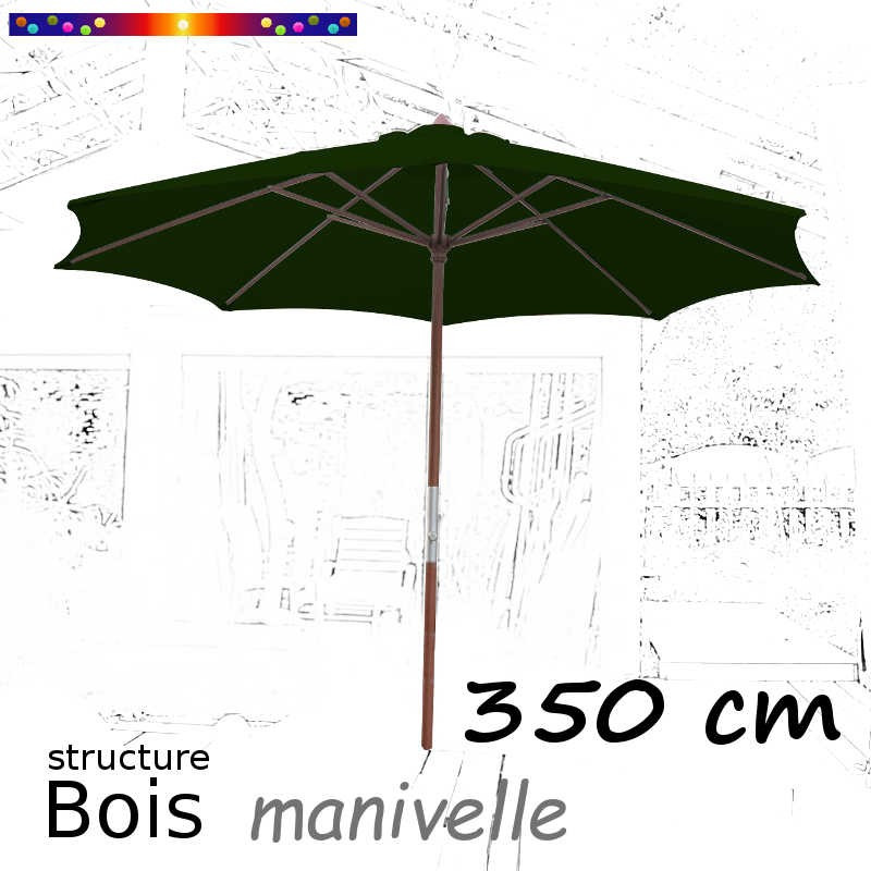 Parasol Lacanau Vert Pinède 350 cm structure Bois et manœuvre par manivelle : de face en poistion ouvert
