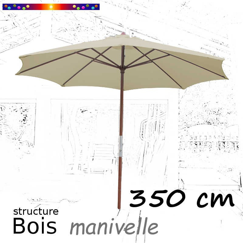 Parasol Lacanau Soie Grège 350 cm structure Bois et manivelle vu de face