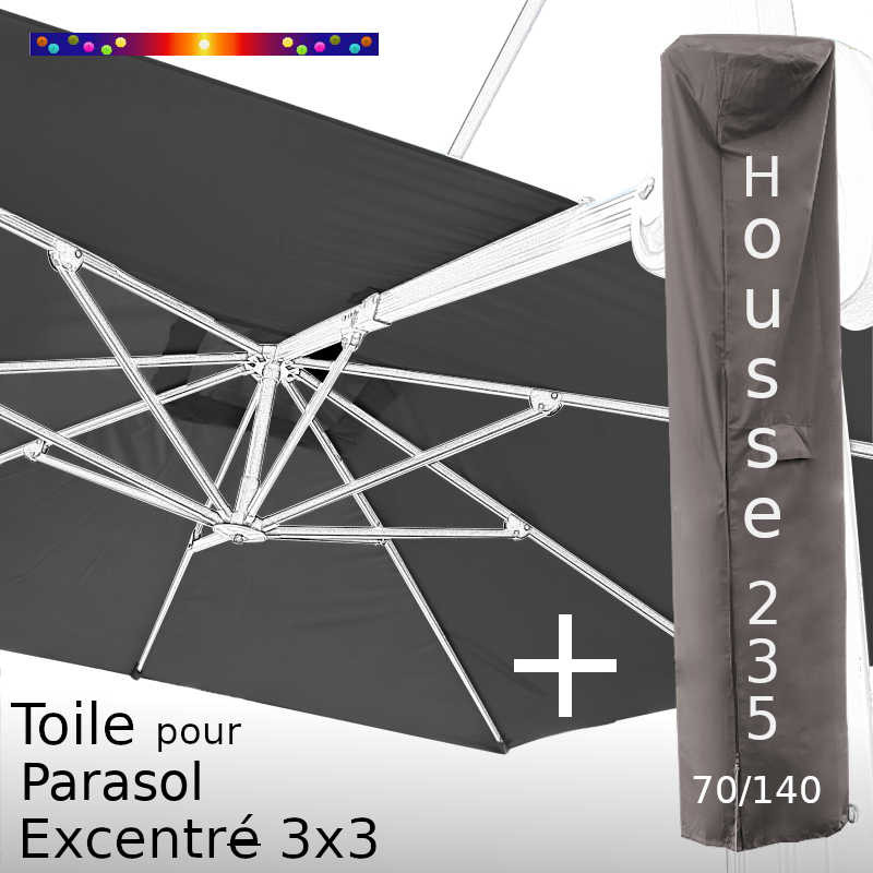 Pack : Toile Gris Souris pour parasol Déporté 3x3 + Housse 235x70/140
