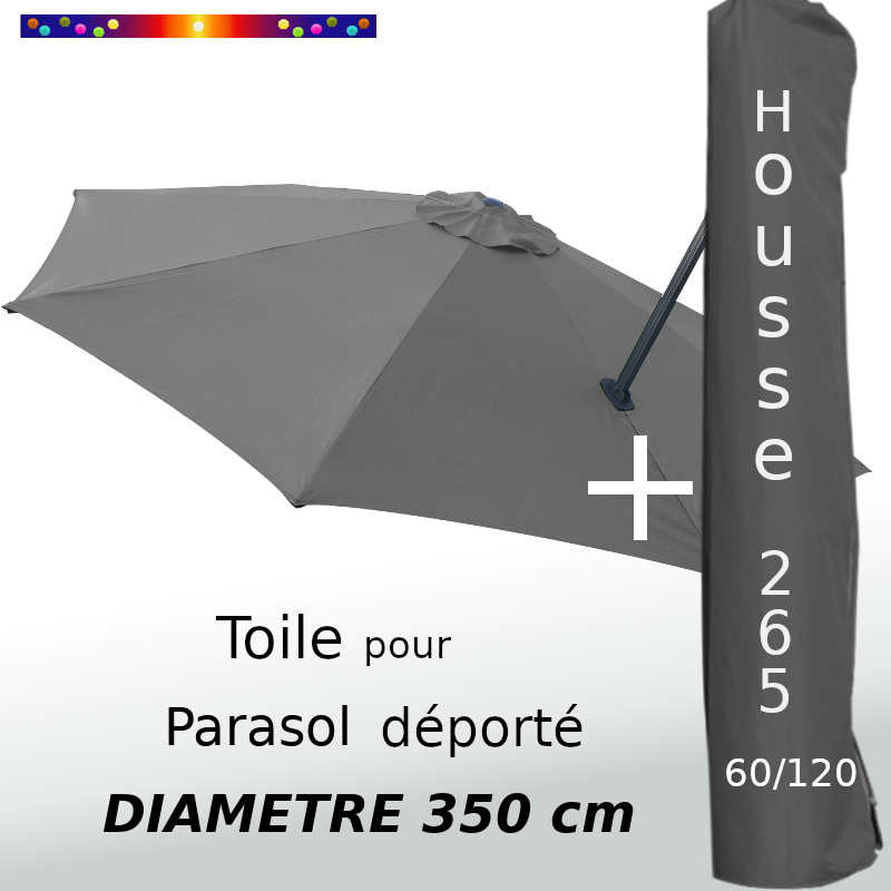 Pack : Toile Grise Souris pour parasol Déporté 350/8 + Housse 265x60/120