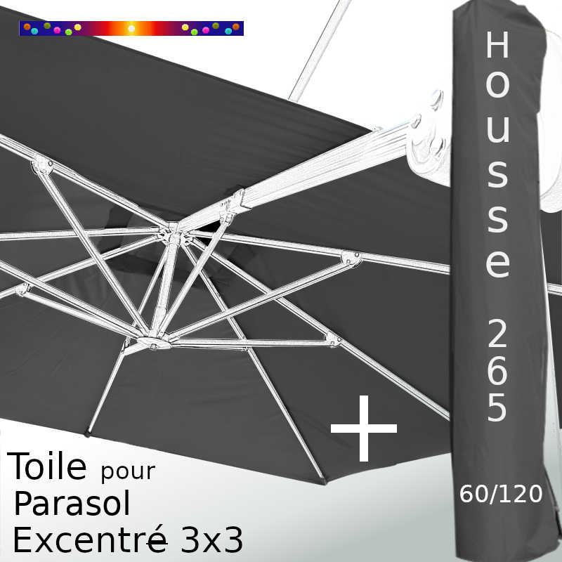 Pack : Toile Gris Souris pour parasol Déporté 3x3 + Housse 265x60/120