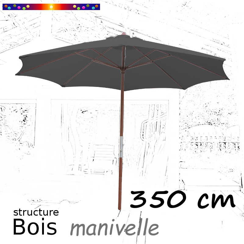Parasol Lacanau Gris Flanelle 350 cm structure Bois et manœuvre par manivelle  de face et ouvert