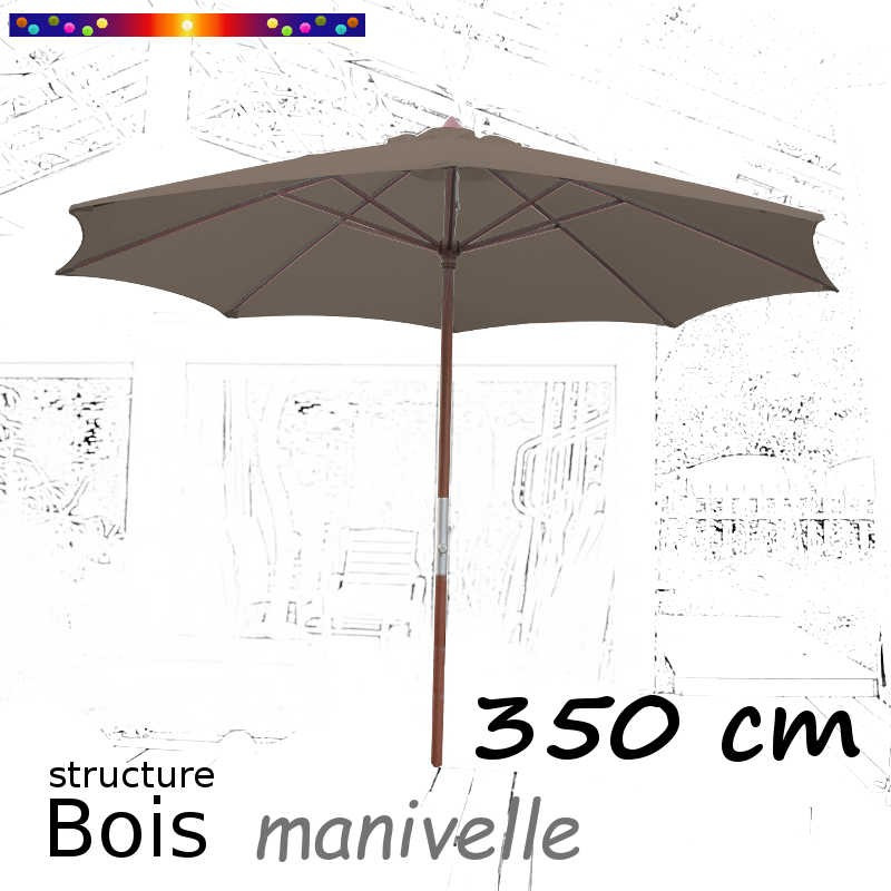Parasol Lacanau Chamois 350 cm structure Bois et manœuvre par manivelle : vu de face en position ouvert