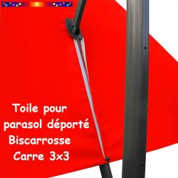 Toile Rouge Coquelicot CARREE 3x3 pour Parasol Déporté Biscarrosse : vue du zip de la toile pour mise en place sur le mât